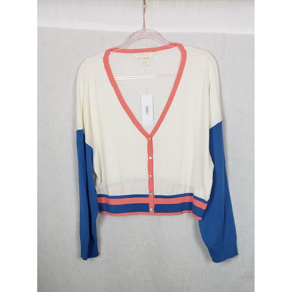 78&Sunny Womens 1X Colorblock V-Neck Cardigan Sweater Dew Azure Fusion Coral NEW